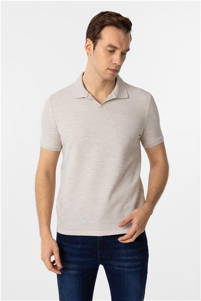 Bej Slim Fit Armürlü Polo Yaka Tişört