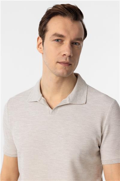 Bej Slim Fit Armürlü Polo Yaka Tişört