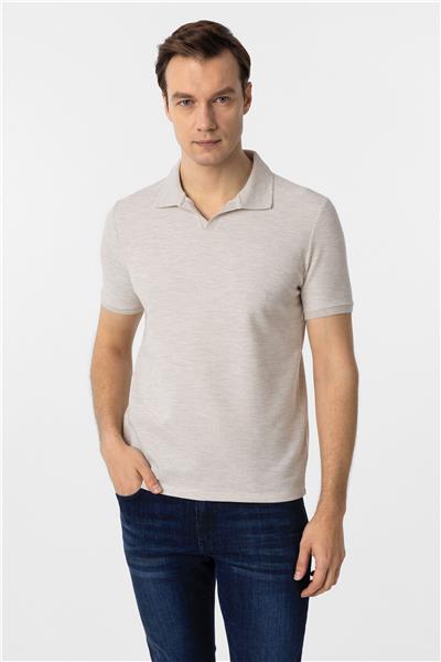 Bej Slim Fit Armürlü Polo Yaka Tişört