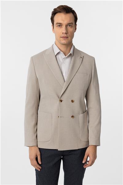 Bej Slim Fit Baskılı Kruvaze Yaka 6 Drop Ceket