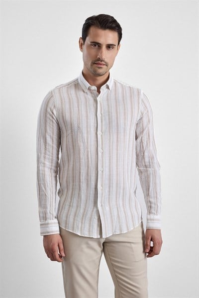 Bej Slim Çizgili Düğmeli Yaka Casual Gömlek