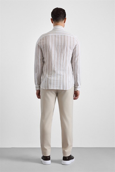 Bej Slim Çizgili Düğmeli Yaka Casual Gömlek