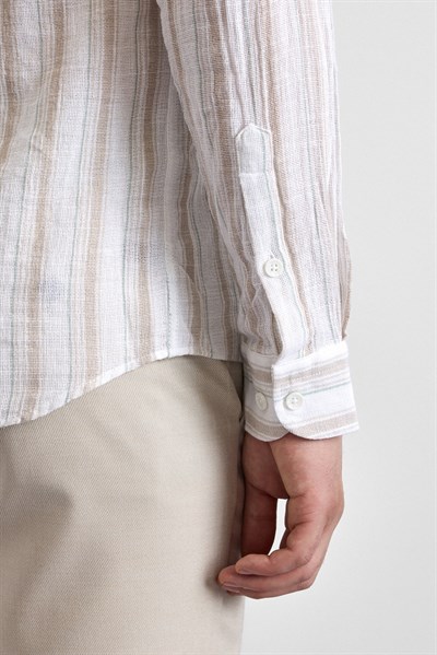 Bej Slim Çizgili Düğmeli Yaka Casual Gömlek