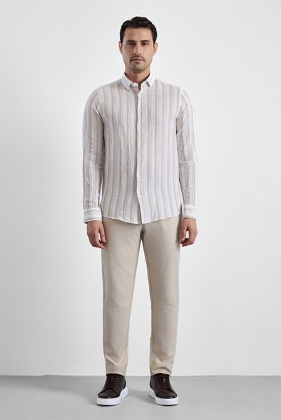 Bej Slim Çizgili Düğmeli Yaka Casual Gömlek