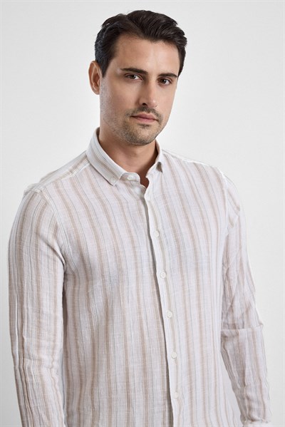 Bej Slim Çizgili Düğmeli Yaka Casual Gömlek