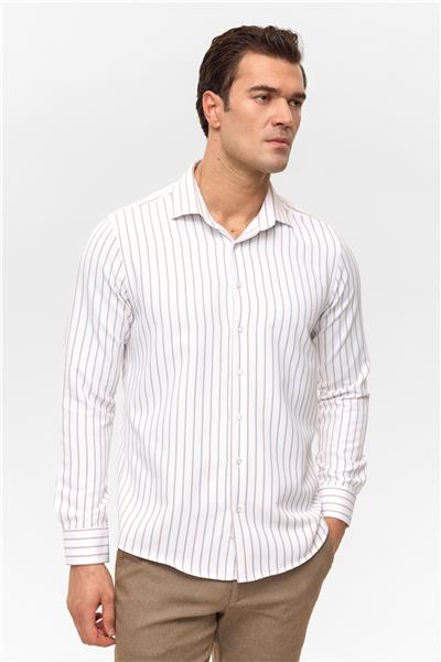 Bej Slim Çizgili Klasik Yaka Gömlek