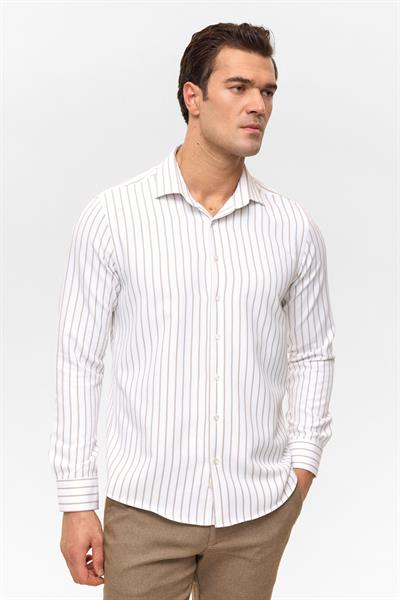 Bej Slim Çizgili Klasik Yaka Gömlek