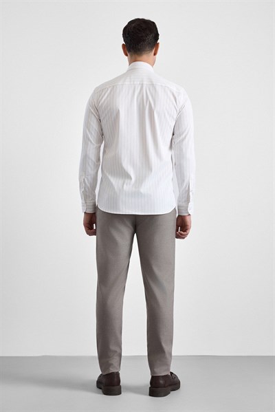Bej Slim Çizgili Klasik Yaka Uzun Kollu Casual Gömlek