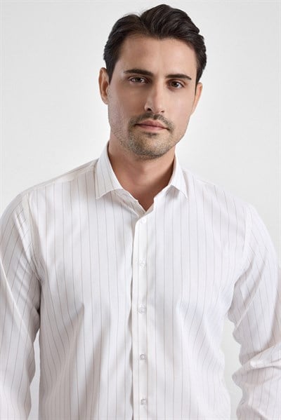 Bej Slim Çizgili Klasik Yaka Uzun Kollu Casual Gömlek