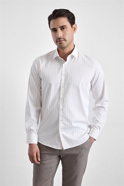 Bej Slim Çizgili Klasik Yaka Uzun Kollu Casual Gömlek