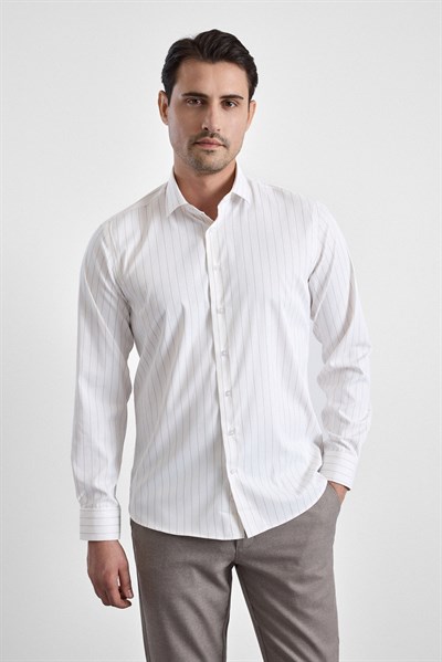 Bej Slim Çizgili Klasik Yaka Uzun Kollu Casual Gömlek
