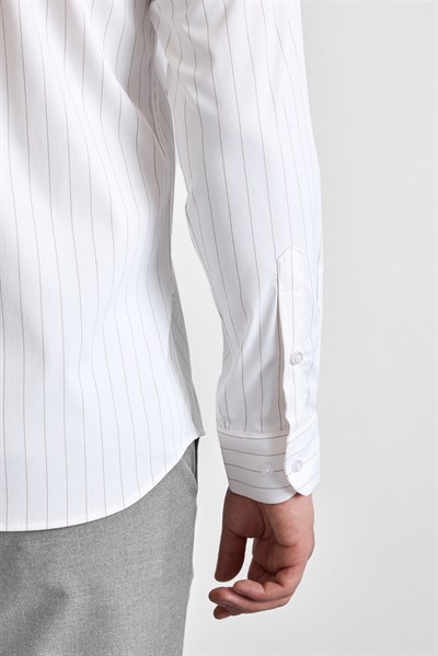 Bej Slim Çizgili Klasik Yaka Uzun Kollu Casual Gömlek