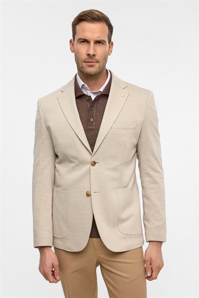 Bej Slim Desenli Mono Yaka 6 Drop Ceket