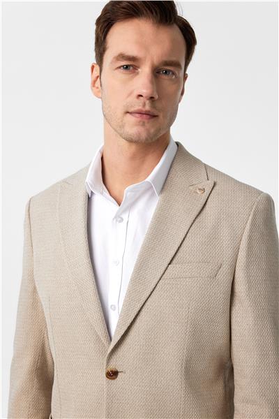 Bej Slim Fit Desenli Sivri Yaka 6 Drop Ceket