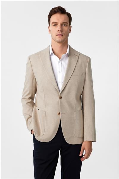 Bej Slim Fit Desenli Sivri Yaka 6 Drop Ceket