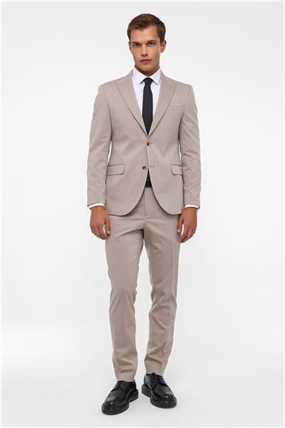 Bej Slim Desenli Sivri Yaka 6 Drop Takım Elbise
