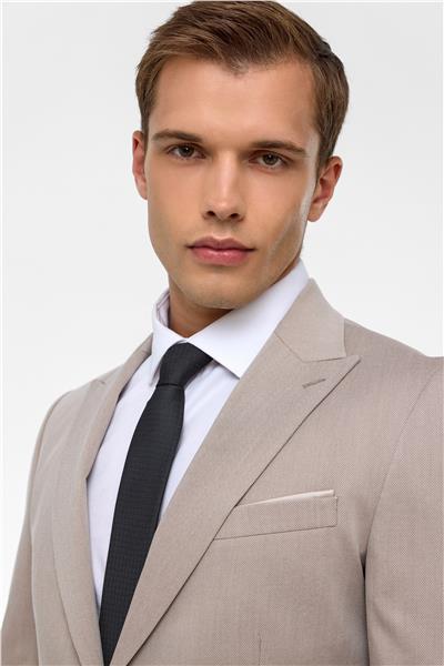 Bej Slim Desenli Sivri Yaka 6 Drop Takım Elbise