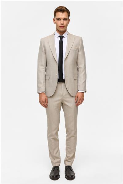 Bej Slim Desenli Sivri Yaka 6 Drop Takım Elbise