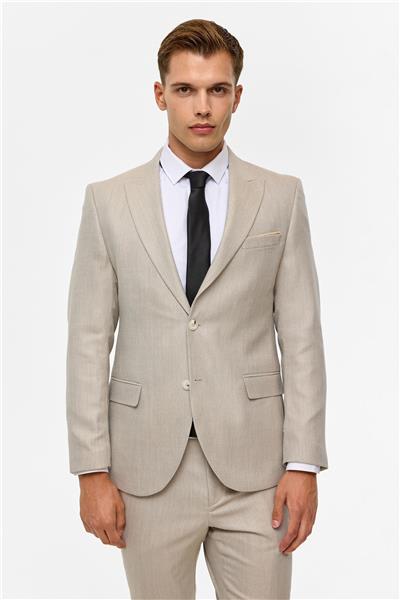 Bej Slim Desenli Sivri Yaka 6 Drop Takım Elbise