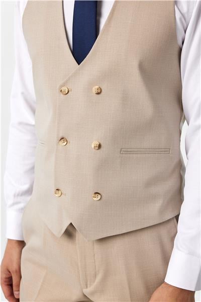 Bej Slim Fit Desenli Sivri Yaka 6 Drop Yelekli Klasik Takım Elbise