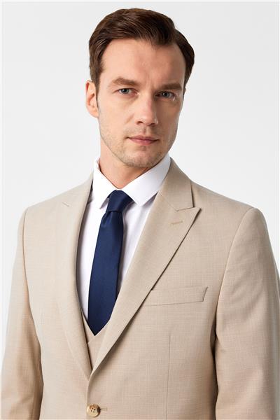 Bej Slim Fit Desenli Sivri Yaka 6 Drop Yelekli Klasik Takım Elbise