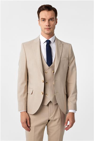 Bej Slim Fit Desenli Sivri Yaka 6 Drop Yelekli Klasik Takım Elbise