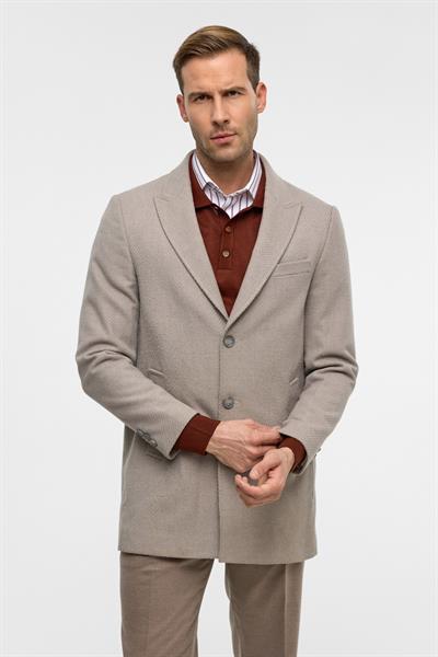 Bej Slim Desenli Sivri Yaka Kaban