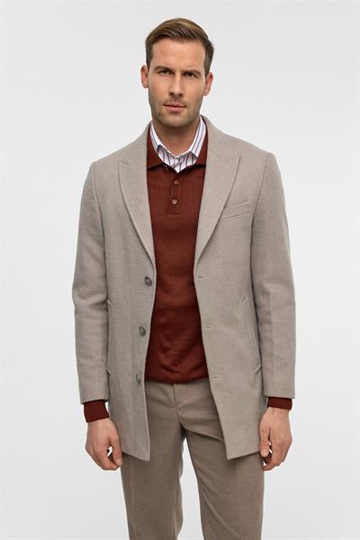 Bej Slim Desenli Sivri Yaka Kaban