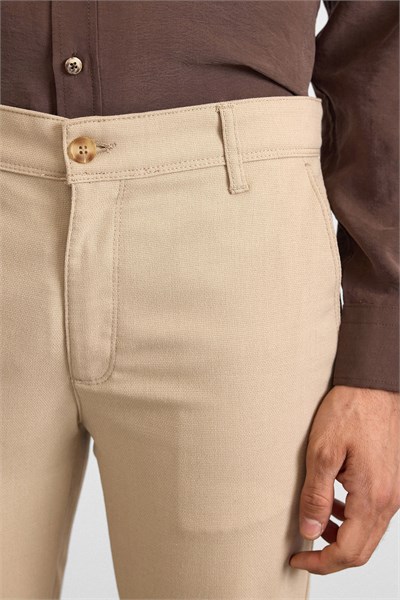 Bej Slim Düz Armürlü Normal Bel Standart Klasik Pantolon