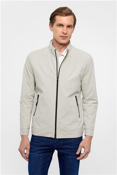 Bej Slim Düz Dik Yaka Mont