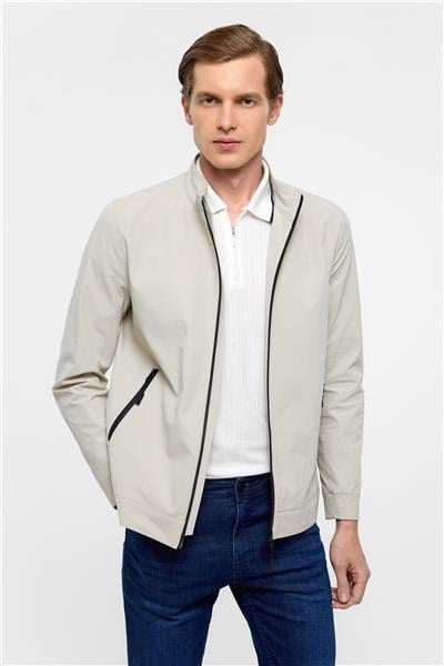 Bej Slim Düz Dik Yaka Mont