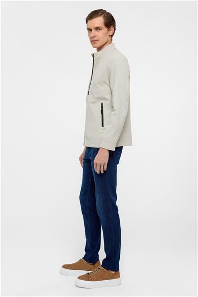 Bej Slim Düz Dik Yaka Mont