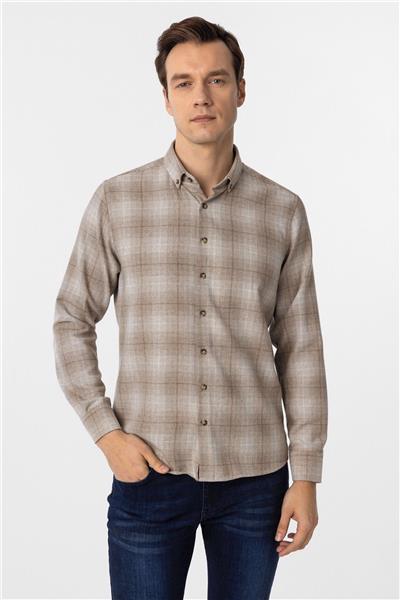 Bej Slim Fit Düz Düğmeli Yaka Gömlek