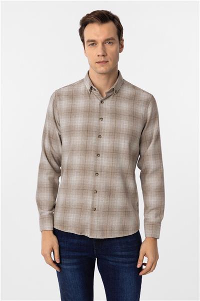 Bej Slim Fit Düz Düğmeli Yaka Gömlek