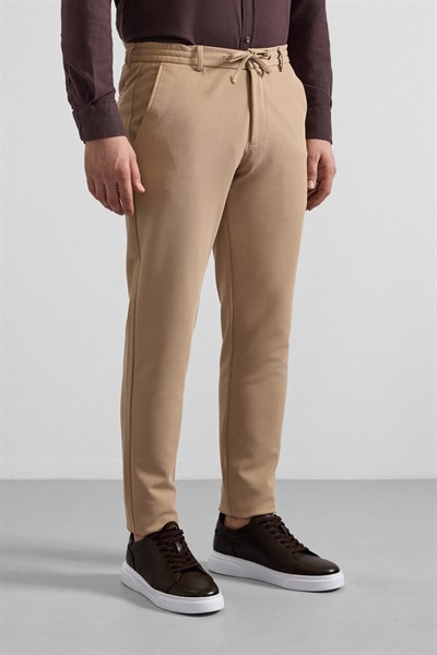 Bej Slim Düz Gabardin Bağcıklı Su Geçirmez Jogger Pantolon