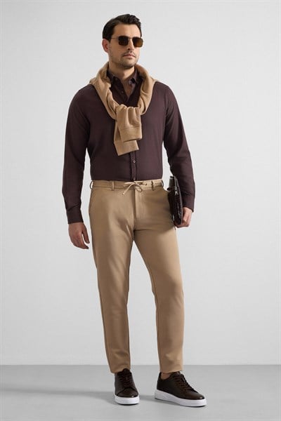 Bej Slim Düz Gabardin Bağcıklı Su Geçirmez Jogger Pantolon