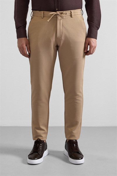 Bej Slim Düz Gabardin Bağcıklı Su Geçirmez Jogger Pantolon