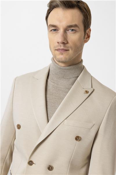 Bej Slim Fit Düz Sivri Yaka 6 Drop Ceket