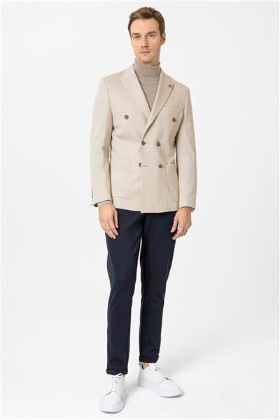 Bej Slim Fit Düz Sivri Yaka 6 Drop Ceket