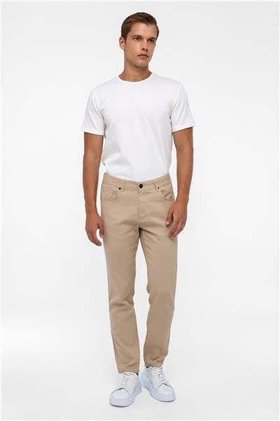 Bej Slim Fit 5 Cep Kalıp Armürlü Kanvas Pantolon