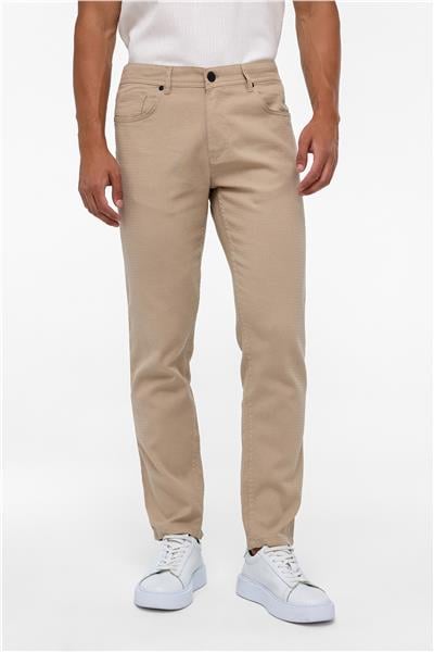 Bej Slim Fit 5 Cep Kalıp Armürlü Kanvas Pantolon