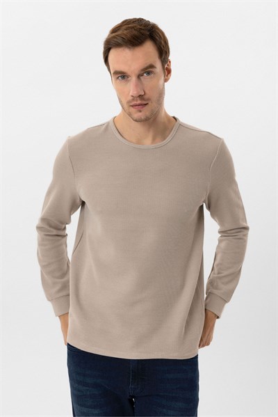 Bej Slim Fit Armürlü Bisiklet Yaka Triko Kazak