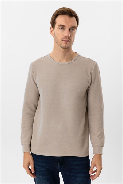 Bej Slim Fit Armürlü Bisiklet Yaka Triko Kazak