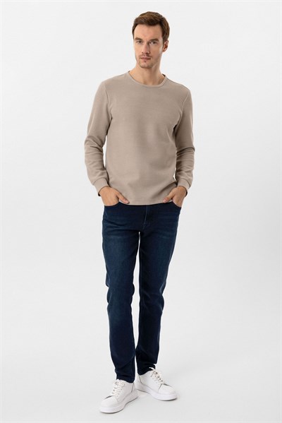 Bej Slim Fit Armürlü Bisiklet Yaka Triko Kazak