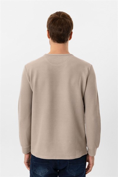 Bej Slim Fit Armürlü Bisiklet Yaka Triko Kazak