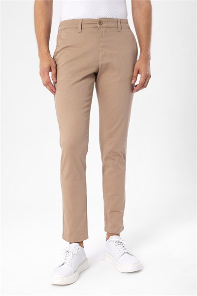 Bej Slim Fit Armürlü Chino Pantolon