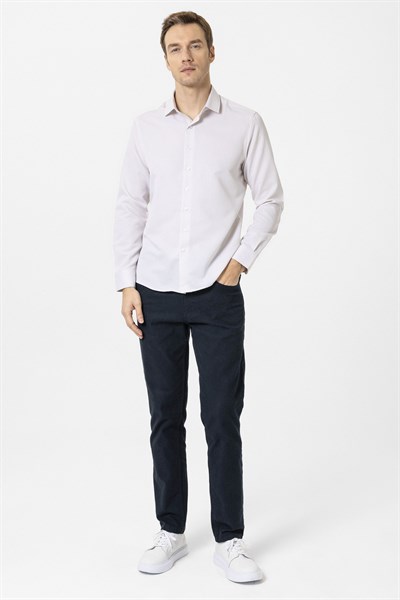 Bej Slim Fit Armürlü Klasik Yaka Gömlek