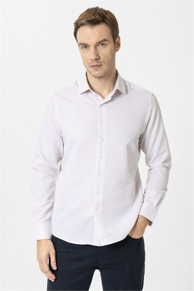 Bej Slim Fit Armürlü Klasik Yaka Gömlek