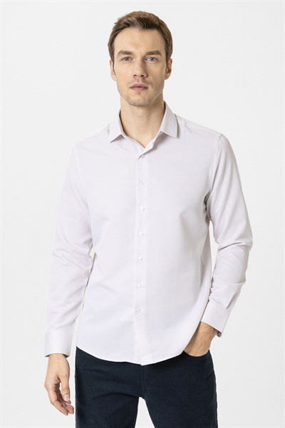 Bej Slim Fit Armürlü Klasik Yaka Gömlek