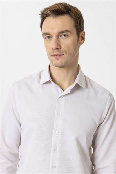 Bej Slim Fit Armürlü Klasik Yaka Gömlek